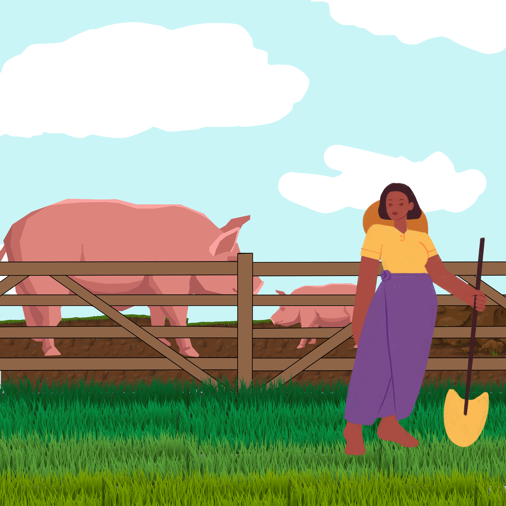 woman stood in a field with a pair of pigs behind a fence